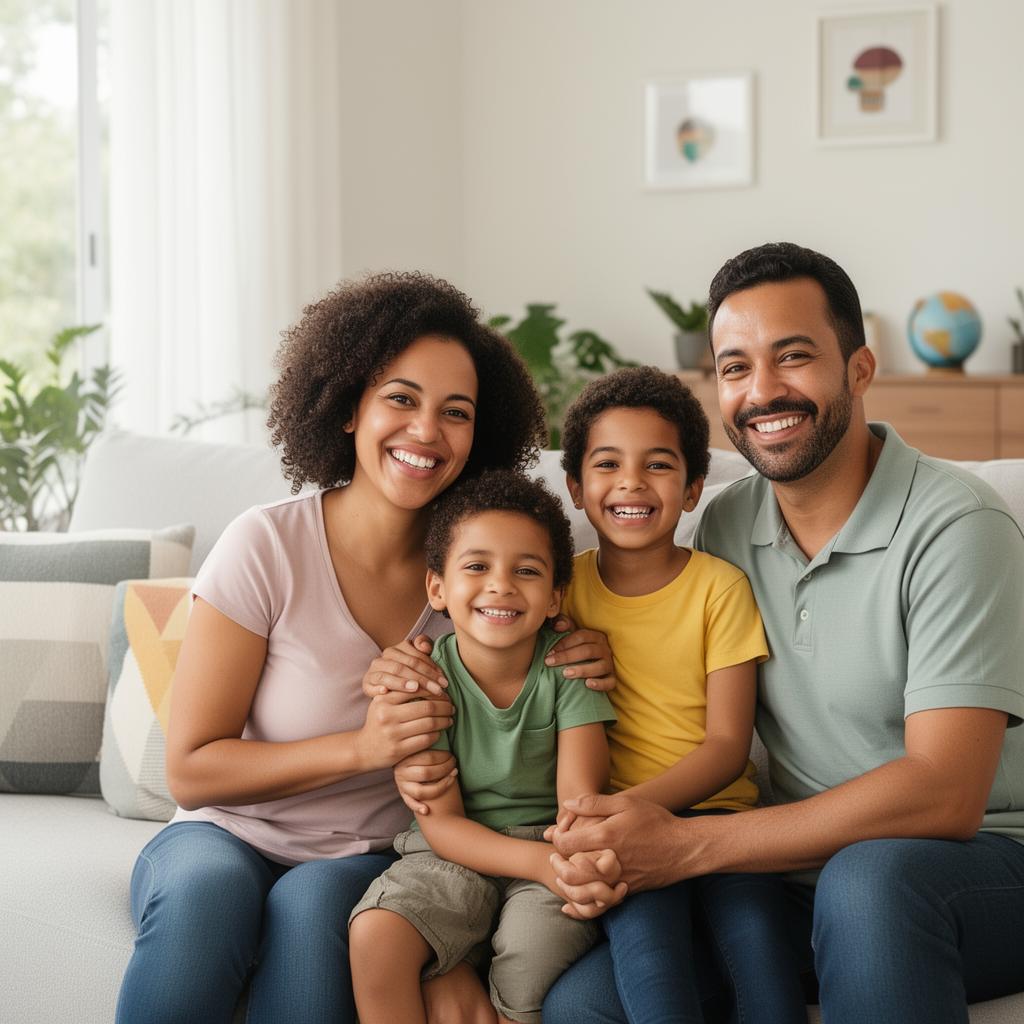 Família feliz protegida por um plano de saúde